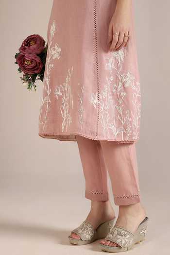 Shop_Kaveri_Pink 100% Linen Hand Drawn Floral V Savannah Fly Free Tunic With Pant  _Online_at_Aza_Fashions
