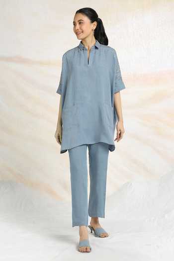 Kaveri_Blue Linen Rhinestones Collared Cowboy Top With Pant_Online_at_Aza_Fashions