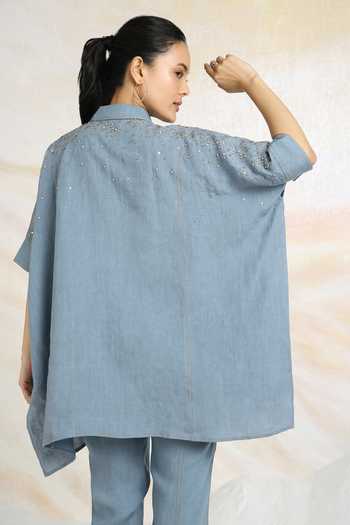 Buy_Kaveri_Blue Linen Rhinestones Collared Cowboy Top With Pant_Online_at_Aza_Fashions