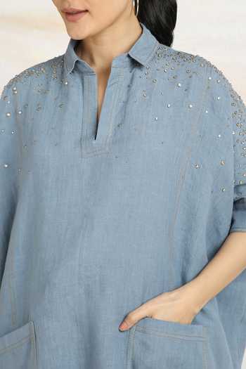Shop_Kaveri_Blue Linen Rhinestones Collared Cowboy Top With Pant_Online_at_Aza_Fashions