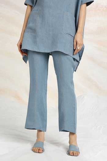 Kaveri_Blue Linen Rhinestones Collared Cowboy Top With Pant_at_Aza_Fashions