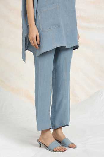 Buy_Kaveri_Blue Linen Rhinestones Collared Cowboy Top With Pant