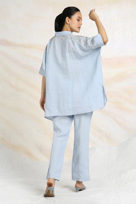 Shop Kaveri Blue Linen Rhinestones Collared Cowboy Asymmetric Top With Pant at Aza Fashions Shop_Kaveri_Blue Linen Rhinestones Collared Cowboy Asymmetric Top With Pant _at_Aza_Fashions