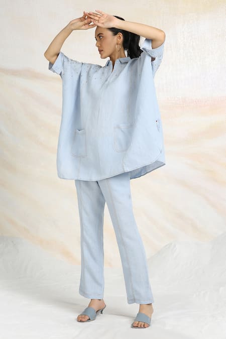 Kaveri Blue Linen Rhinestones Collared Cowboy Asymmetric Top With Pant Online at Aza Fashions Kaveri_Blue Linen Rhinestones Collared Cowboy Asymmetric Top With Pant _Online_at_Aza_Fashions