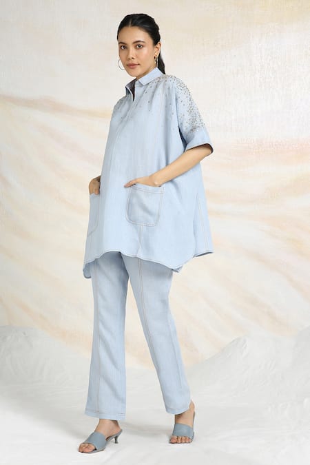 Kaveri Blue Linen Rhinestones Collared Cowboy Asymmetric Top With Pant at Aza Fashions Kaveri_Blue Linen Rhinestones Collared Cowboy Asymmetric Top With Pant _at_Aza_Fashions