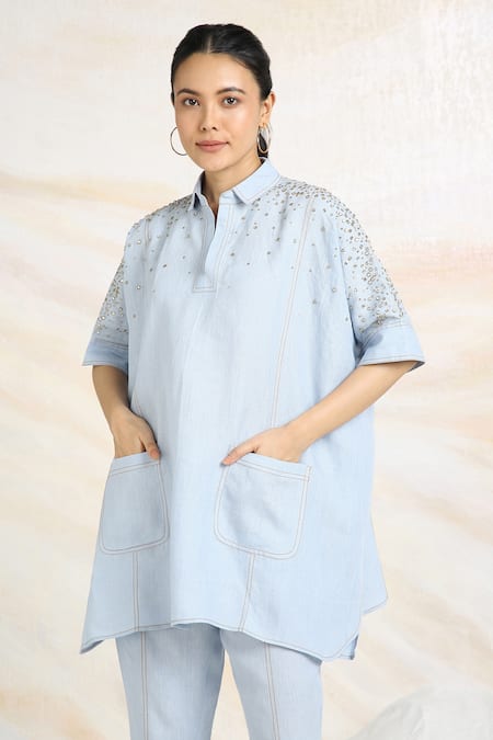 Buy Kaveri Blue Linen Rhinestones Collared Cowboy Asymmetric Top With Pant Buy_Kaveri_Blue Linen Rhinestones Collared Cowboy Asymmetric Top With Pant