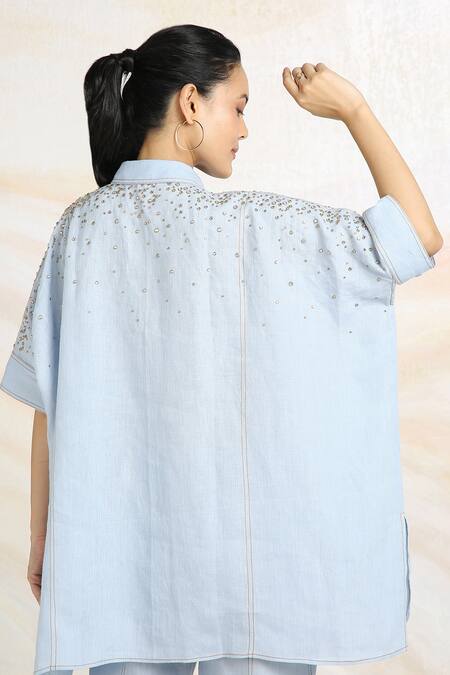 Shop Kaveri Blue Linen Rhinestones Collared Cowboy Asymmetric Top With Pant Shop_Kaveri_Blue Linen Rhinestones Collared Cowboy Asymmetric Top With Pant