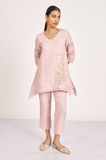 Shop_Kaveri_Pink 100% Linen Embroidered Thread V Neck Talia Tunic  _Online_at_Aza_Fashions