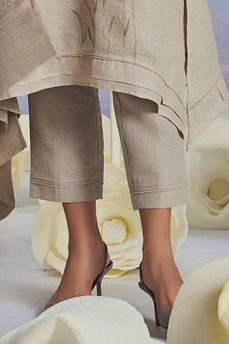 Kaveri_Beige 100% Linen Embroidered Dew Drops Floral Applique Work Tunic Pant Set _Online_at_Aza_Fashions