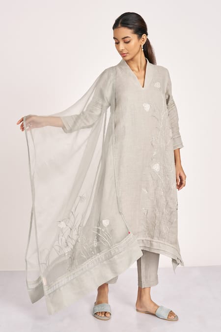 Buy Kaveri Grey 100% Linen Embroidered Crystal V Dew Drops Applique Work Tunic Pant Set Online at Aza Fashions Buy_Kaveri_Grey 100% Linen Embroidered Crystal V Dew Drops Applique Work Tunic Pant Set _Online_at_Aza_Fashions