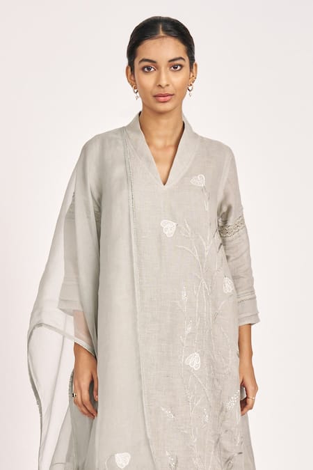 Buy Kaveri Grey 100% Linen Embroidered Crystal V Dew Drops Applique Work Tunic Pant Set Buy_Kaveri_Grey 100% Linen Embroidered Crystal V Dew Drops Applique Work Tunic Pant Set