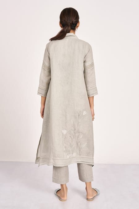 Shop Kaveri Grey 100% Linen Embroidered Crystal V Neck Dew Drops Floral Work Tunic at Aza Fashions Shop_Kaveri_Grey 100% Linen Embroidered Crystal V Neck Dew Drops Floral Work Tunic _at_Aza_Fashions