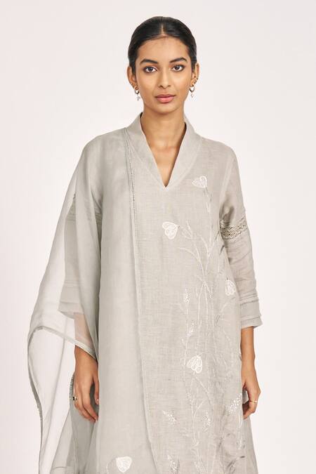 Kaveri Grey 100% Linen Embroidered Crystal V Neck Dew Drops Floral Work Tunic at Aza Fashions Kaveri_Grey 100% Linen Embroidered Crystal V Neck Dew Drops Floral Work Tunic _at_Aza_Fashions