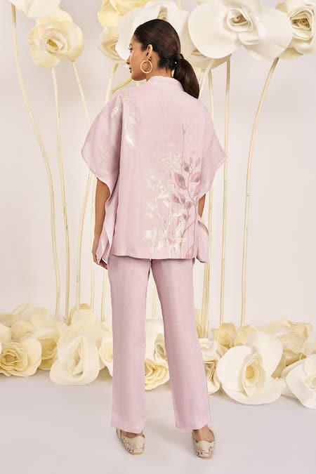 Shop Kaveri Purple Linen Embroidery V-neck Bamboo Grove Hand Kaftan Top And Pant Set at Aza Fashions Shop_Kaveri_Purple Linen Embroidery V-neck Bamboo Grove Hand Kaftan Top And Pant Set _at_Aza_Fashions