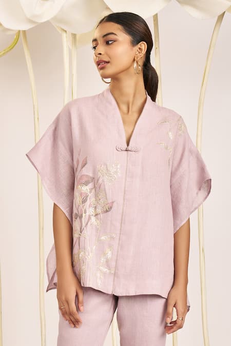 Kaveri Purple Linen Embroidery V-neck Bamboo Grove Hand Kaftan Top And Pant Set Online at Aza Fashions Kaveri_Purple Linen Embroidery V-neck Bamboo Grove Hand Kaftan Top And Pant Set _Online_at_Aza_Fashions