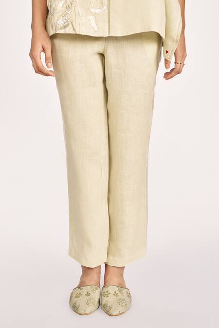 Shop_Kaveri_Green Linen Embroidery V-neck Bamboo Grove Thread Kaftan Top And Pant Set _Online_at_Aza_Fashions