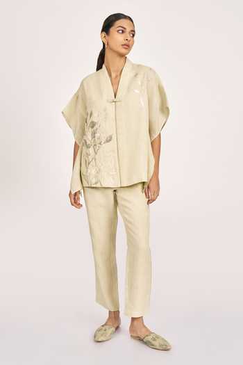Kaveri_Green Linen Embroidery V-neck Kaftan Top _Online_at_Aza_Fashions