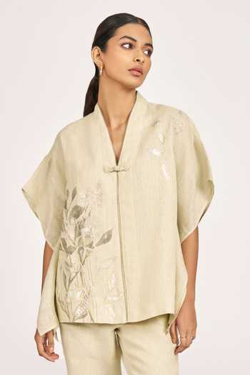Buy_Kaveri_Green Linen Embroidery V-neck Kaftan Top _Online_at_Aza_Fashions