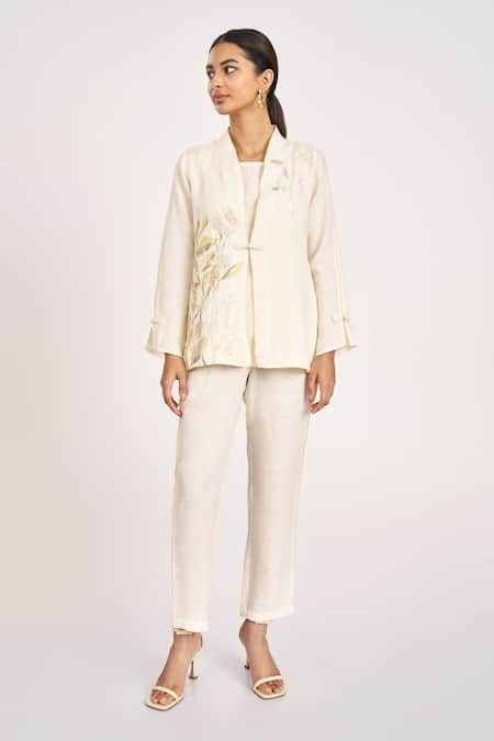 Kaveri_Off White Linen Embroidery V-neck Bamboo Grove Floral And Leaf Jacket _Online_at_Aza_Fashions