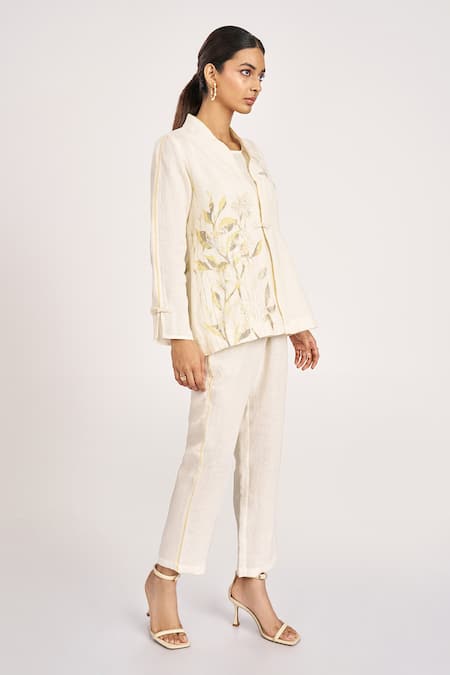 Buy_Kaveri_Off White Linen Embroidery V-neck Bamboo Grove Floral And Leaf Jacket _Online_at_Aza_Fashions