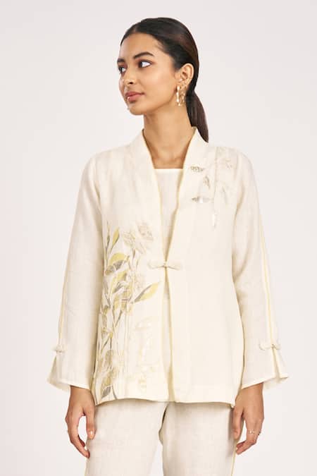 Shop_Kaveri_Off White Linen Embroidery V-neck Bamboo Grove Floral And Leaf Jacket _Online_at_Aza_Fashions