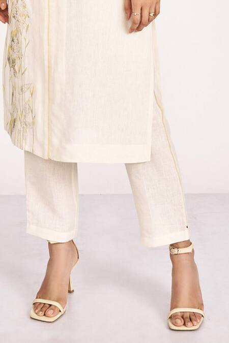 Kaveri_Off White 100% Linen Embroidered Thread Bamboo Grove Kurta And Pant Set  _Online_at_Aza_Fashions