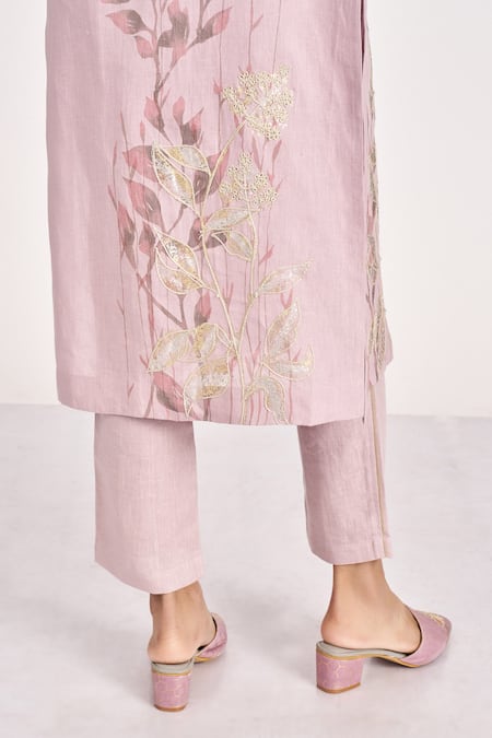 Buy_Kaveri_Purple Linen Foil Printing, Embroidery Bamboo Grove Printed Kurta And Pant Set _Online_at_Aza_Fashions