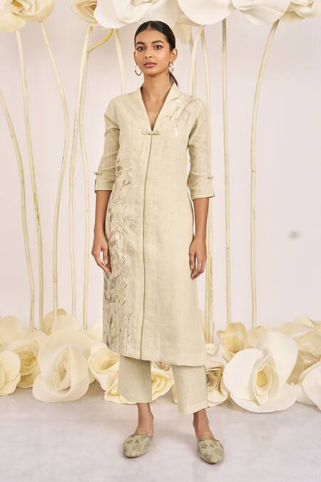Kaveri_Green 100% Linen Printed And Embroidered Foil Bamboo Grove Kurta  _Online_at_Aza_Fashions