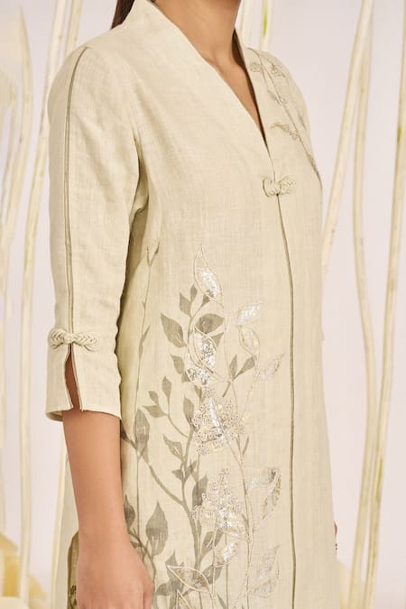 Kaveri_Green 100% Linen Printed And Embroidered Foil Bamboo Grove Kurta  _at_Aza_Fashions