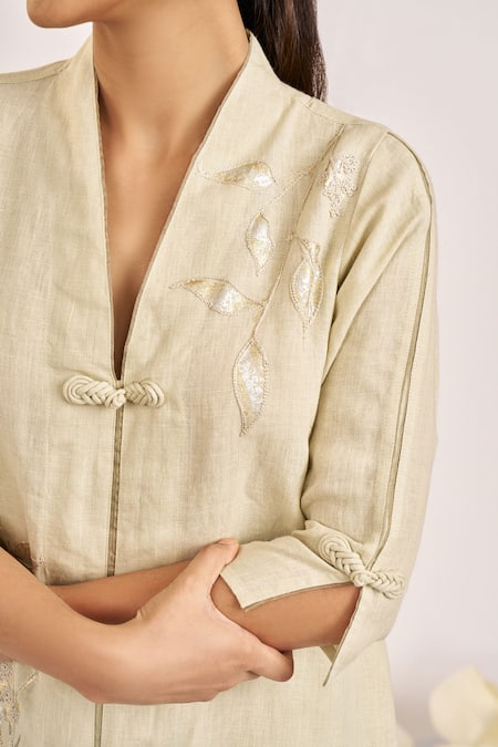 Buy_Kaveri_Green 100% Linen Printed And Embroidered Foil Bamboo Grove Kurta  