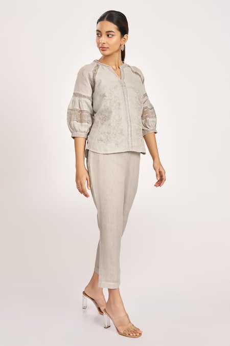 Kaveri Grey Linen, Silk Organza Embroidery Round Heart Strings Kismat Top And Pant Set