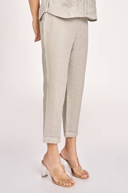 Kaveri_Grey Linen, Silk Organza Embroidery Round Heart Strings Kismat Top And Pant Set_Online_at_Aza_Fashions