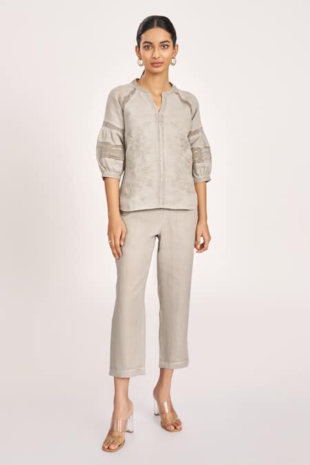 Buy_Kaveri_Grey Linen, Silk Organza Embroidery Round Heart Strings Kismat Top And Pant Set_Online_at_Aza_Fashions