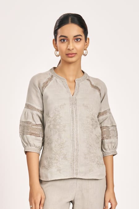 Shop_Kaveri_Grey Linen, Silk Organza Embroidery Round Heart Strings Kismat Top And Pant Set_Online_at_Aza_Fashions