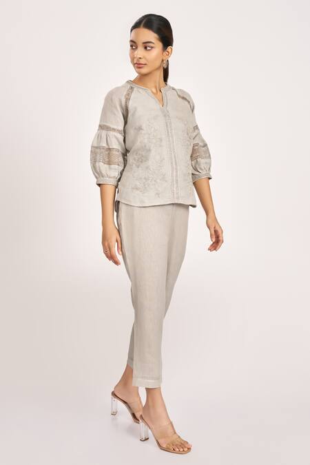 Kaveri_Grey Linen, Silk Organza Embroidery Round Neck Heart Strings Kismat Top_Online_at_Aza_Fashions