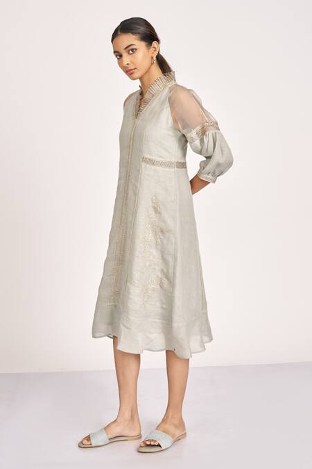 Buy_Kaveri_Grey Linen, Silk Organza Embroidery High Neck Heart Strings Marie Dress_Online_at_Aza_Fashions