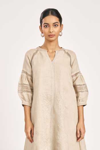 Kaveri_Beige Linen, Silk Organza Embroidery Round Neck Dress And Pant Set_Online_at_Aza_Fashions