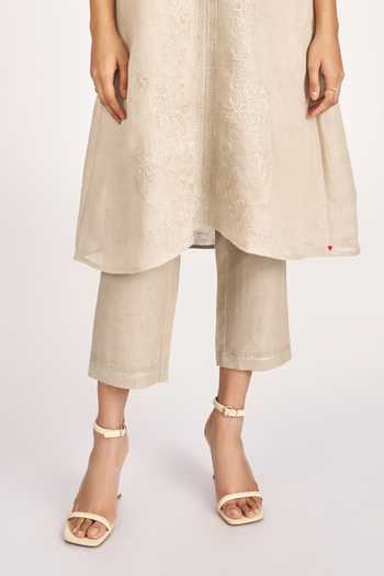 Buy_Kaveri_Beige Linen, Silk Organza Embroidery Round Neck Dress And Pant Set_Online_at_Aza_Fashions