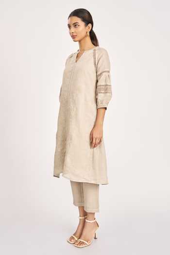 Shop_Kaveri_Beige Linen, Silk Organza Embroidery Round Neck Dress And Pant Set_Online_at_Aza_Fashions