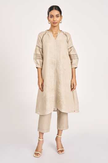 Kaveri_Beige Linen, Silk Organza Embroidery Round Neck Dress And Pant Set_at_Aza_Fashions