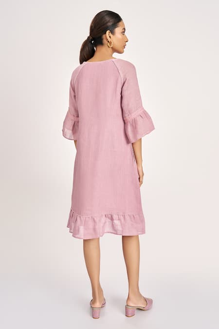 Shop Kaveri Purple Linen Embroidery, Lace Round Neck Rosette Thread Tiered Dress at Aza Fashions Shop_Kaveri_Purple Linen Embroidery, Lace Round Neck Rosette Thread Tiered Dress _at_Aza_Fashions