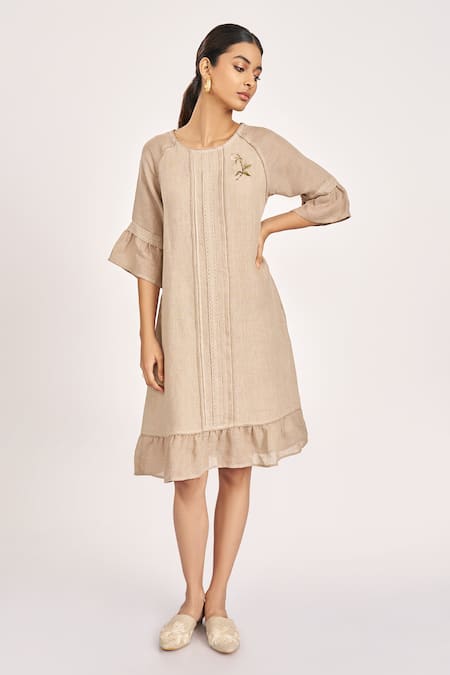 Kaveri Rosette Thread Embroidered Linen Dress 