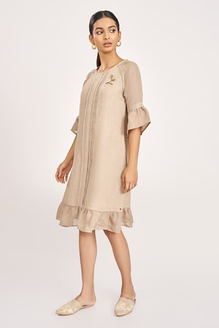 Kaveri_Beige Linen Lace, Embroidery Round Neck Rosette Thread Dress _Online_at_Aza_Fashions