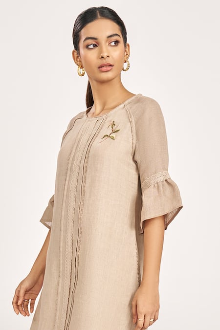 Buy_Kaveri_Beige Linen Lace, Embroidery Round Neck Rosette Thread Dress _Online_at_Aza_Fashions