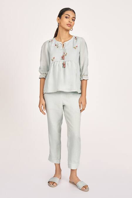 Kaveri Blue Linen Lace, Embroidery Round Neck Rosette Top And Pant Set