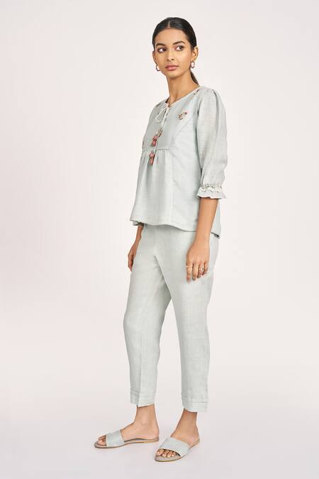 Kaveri_Blue Linen Lace, Embroidery Round Neck Rosette Top And Pant Set _Online_at_Aza_Fashions