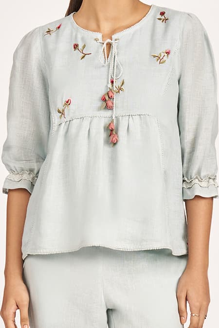 Buy_Kaveri_Blue Linen Lace, Embroidery Round Neck Rosette Top And Pant Set _Online_at_Aza_Fashions