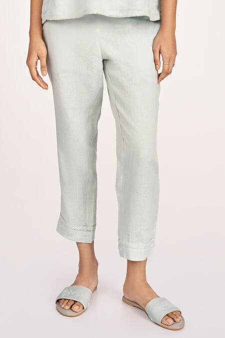 Shop_Kaveri_Blue Linen Lace, Embroidery Round Neck Rosette Top And Pant Set _Online_at_Aza_Fashions