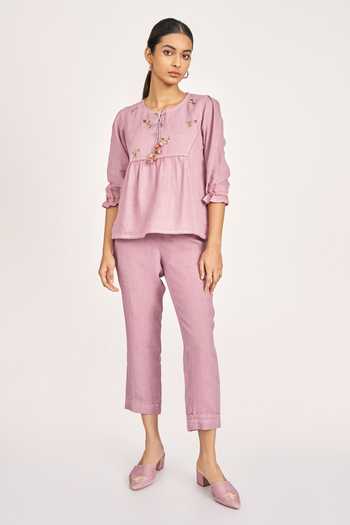 Kaveri Rosette Embroidered Linen Top & Pant Set 