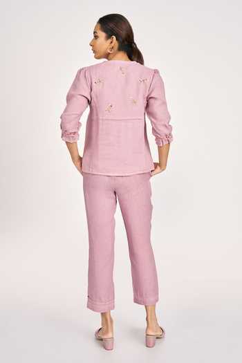 Kaveri Rosette Embroidered Linen Top & Pant Set 